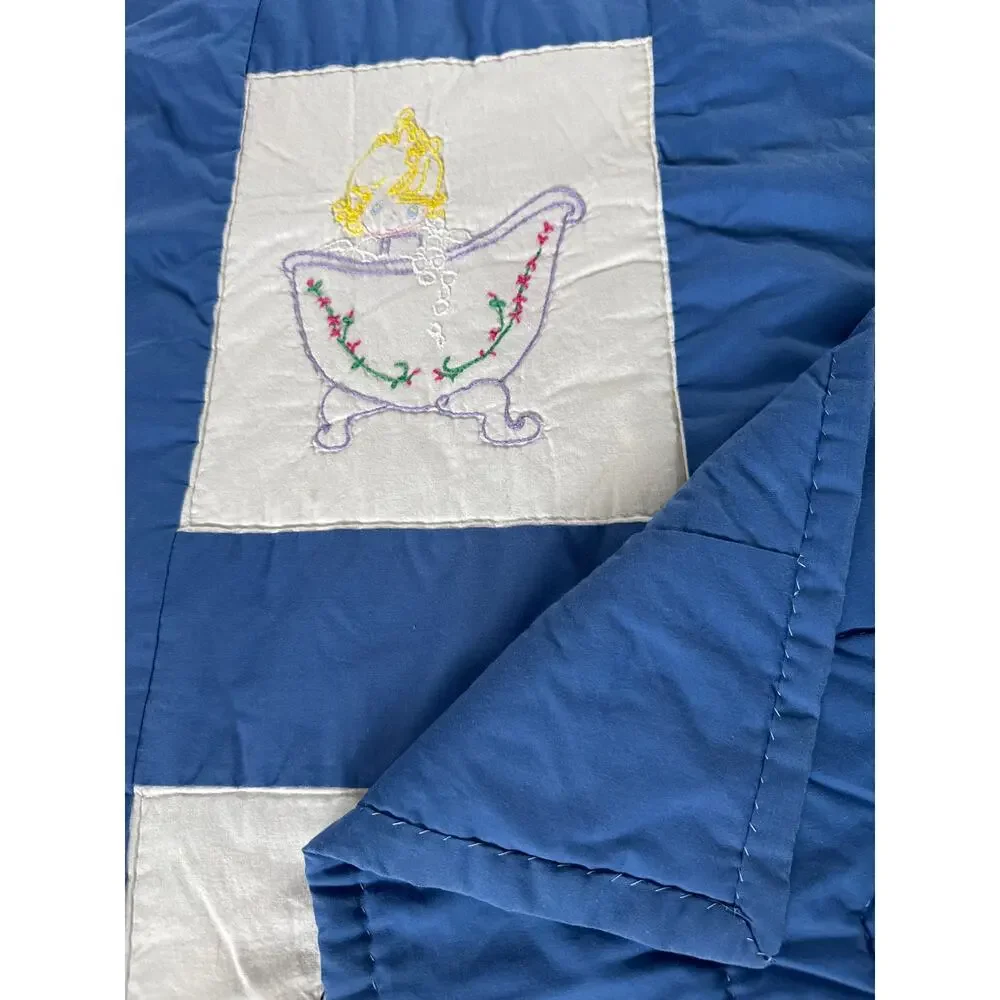 Vintage Hand Embroidered Child’s Quilt – Blue & White Precious Moments Style